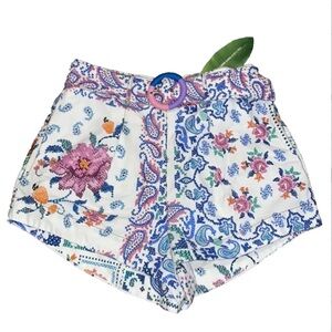 Farm Rio Women’s Romantic Bandanas Belted Shorts size L High Waist Cotton Floral